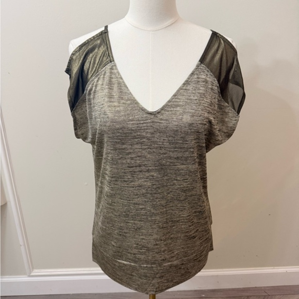 Cache V-Neck Blouse with Sheer Black Sleeves